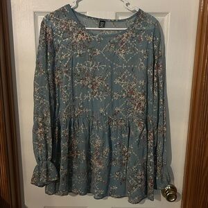 SHEIN Floral Long Sleeve Blouse - Blue and Red